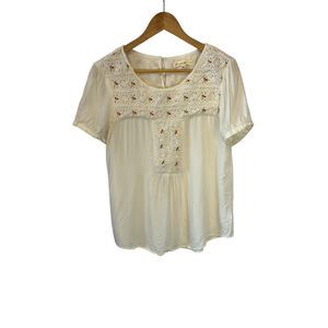 Women's Comme Toi Short Sleeve Tee M Off-White Multicolor Embroidered Top Boho
